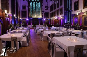 Durham Castle ready for Evening Wedding Reception and Disco with room Uplighting in Purple